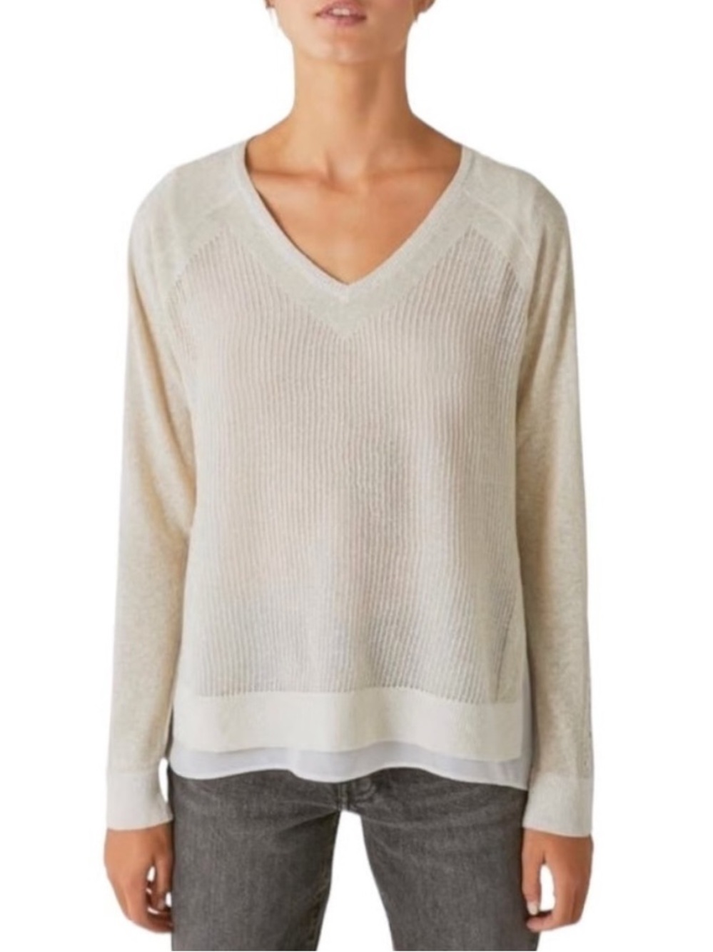 Lucky Brand Light Cream V-Neck Layered Hem Sweater